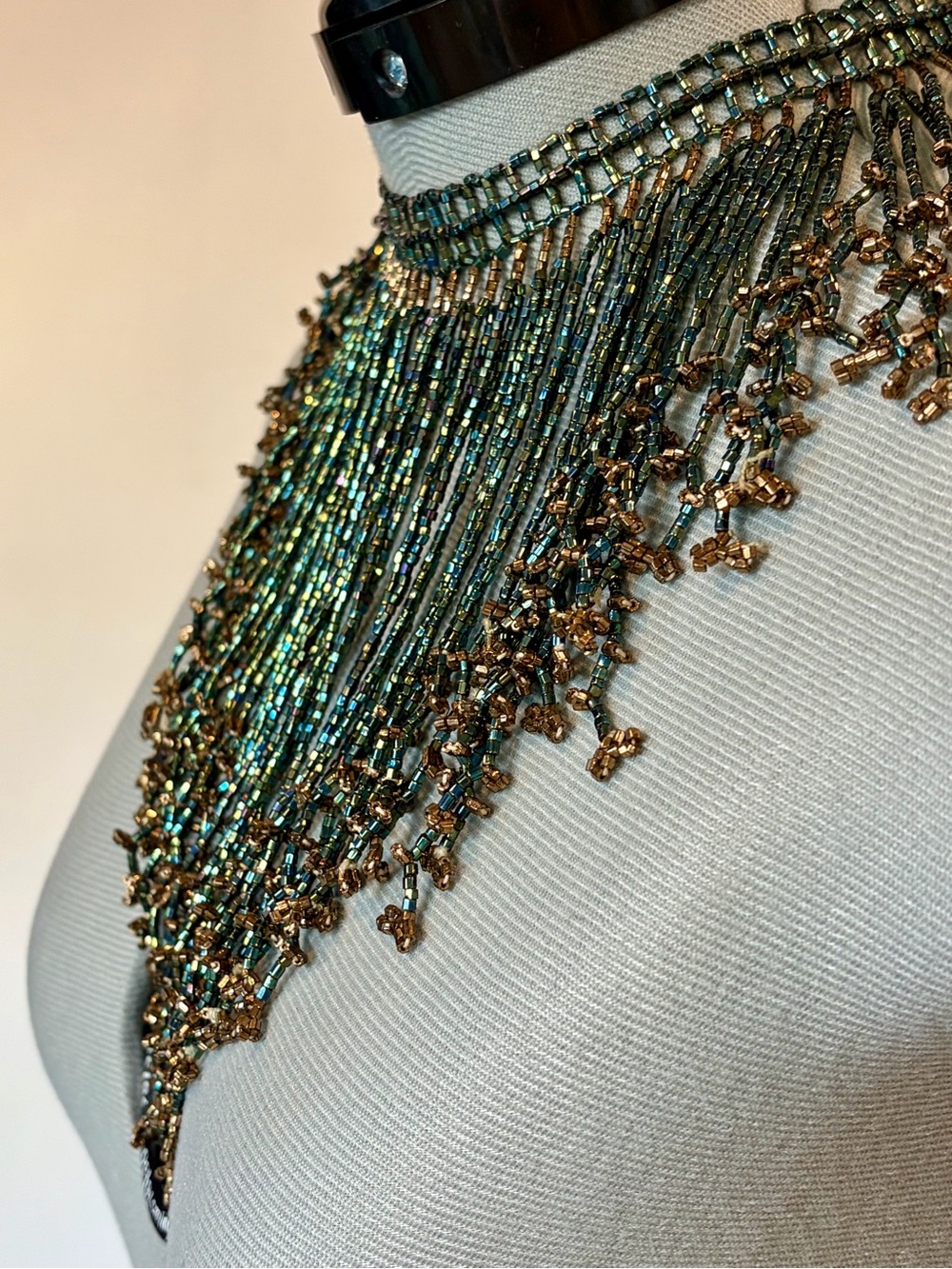 Handcrafted Iridescent Beaded Fringe Collar Necklace, green/gold, EUC - Picture 3 of 12